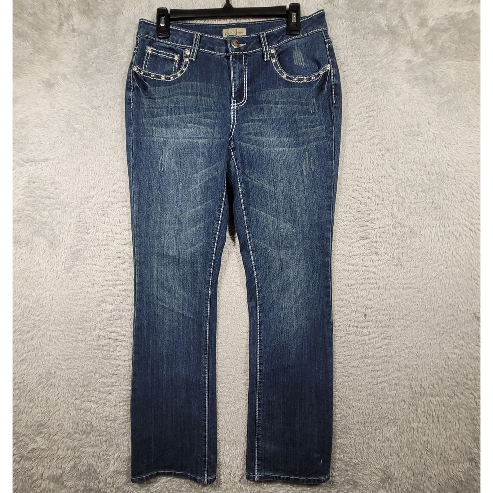 Earl Bootcut Jeans Women 8 Blue Rhinestone Embellished Distressed 31x31 - Picture 2 of 8